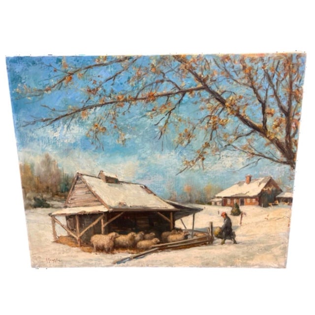This impressive oil painting captures a serene, snow-covered pastoral setting featuring a rustic wooden livestock barn...