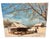 This impressive oil painting captures a serene, snow-covered pastoral setting featuring a rustic wooden livestock barn...