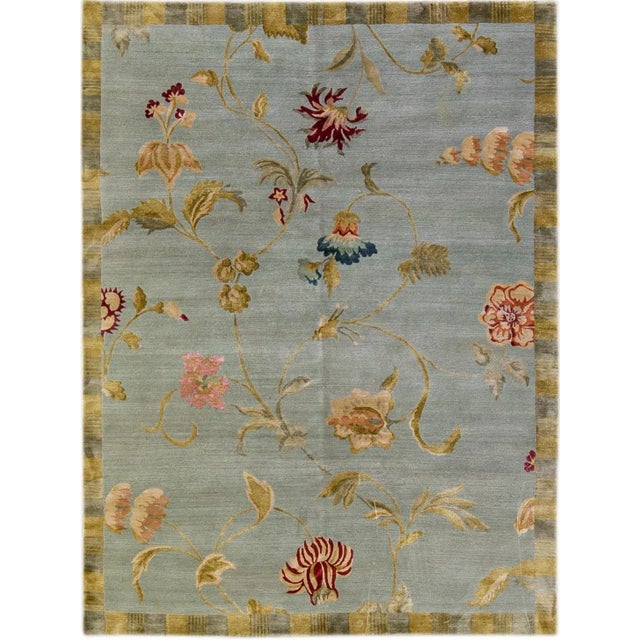 Gray Modern Tibetan Handmade Lyndhurst Floral Pattern Gray Wool and Silk Rug For Sale - Image 8 of 8