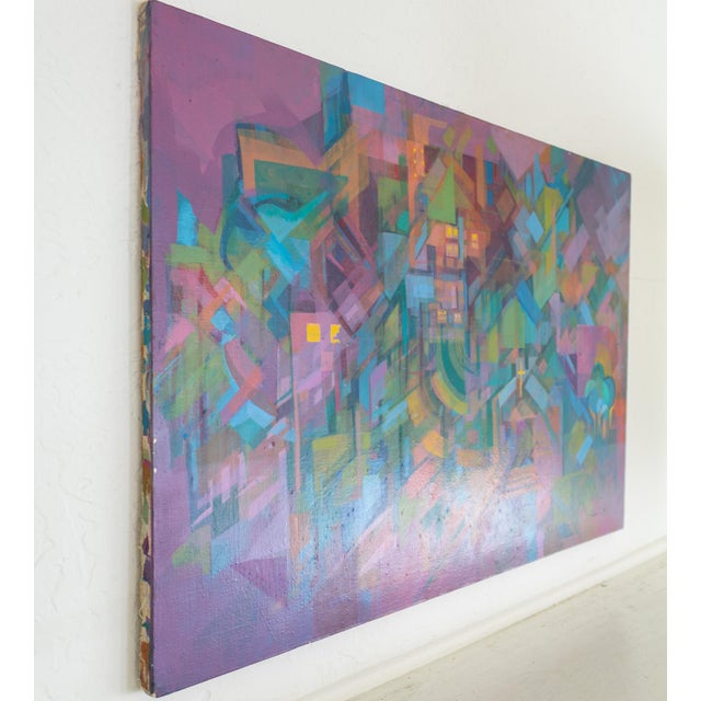 Wood Abstract Cubist Polychrome Cityscape With Purple and Turquoise For Sale - Image 7 of 13