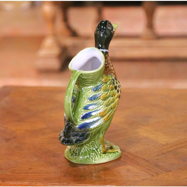 Ceramic Mid-20th Century French Painted Barbotine Ceramic Duck Pitcher For Sale - Image 7 of 12