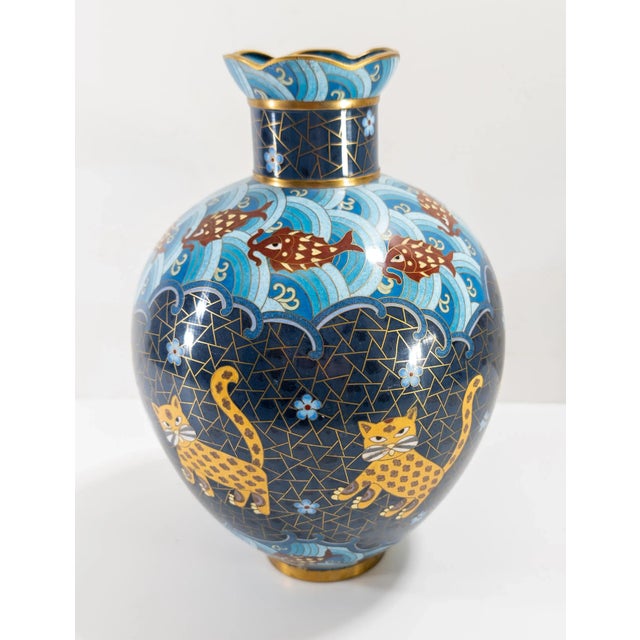 Mid 20th Century Mid-Century Chinese Cloisonne Enamel Vase With Cats and Fish by Jingfa For Sale - Image 5 of 11