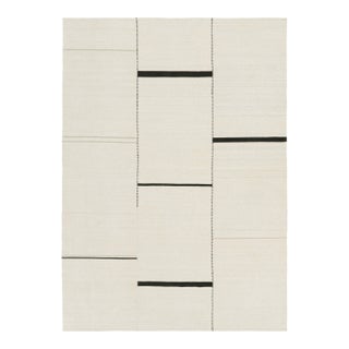 Rug & Kilim’s Contemporary Kilim, White and Black Textural Stripes, Taupe Accent For Sale