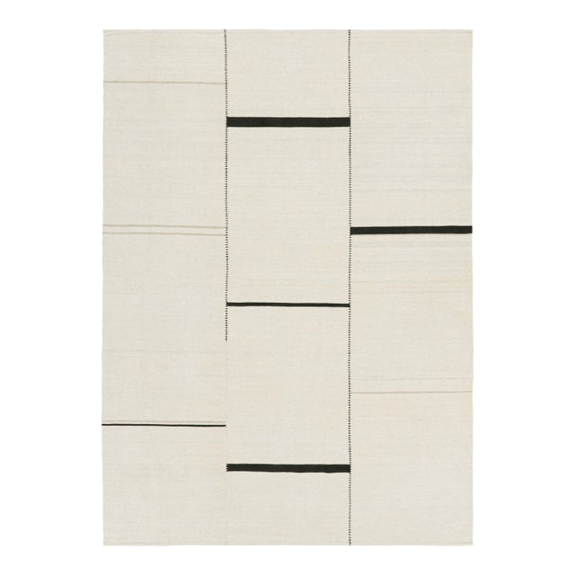 Rug & Kilim’s Contemporary Kilim, White and Black Textural Stripes, Taupe Accent For Sale