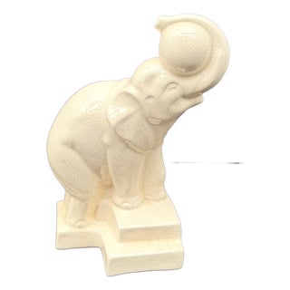 Art Deco Elephant with Balloon in Glazed and Crackled Earthenware by Duquenne for Longwy, 1930s For Sale