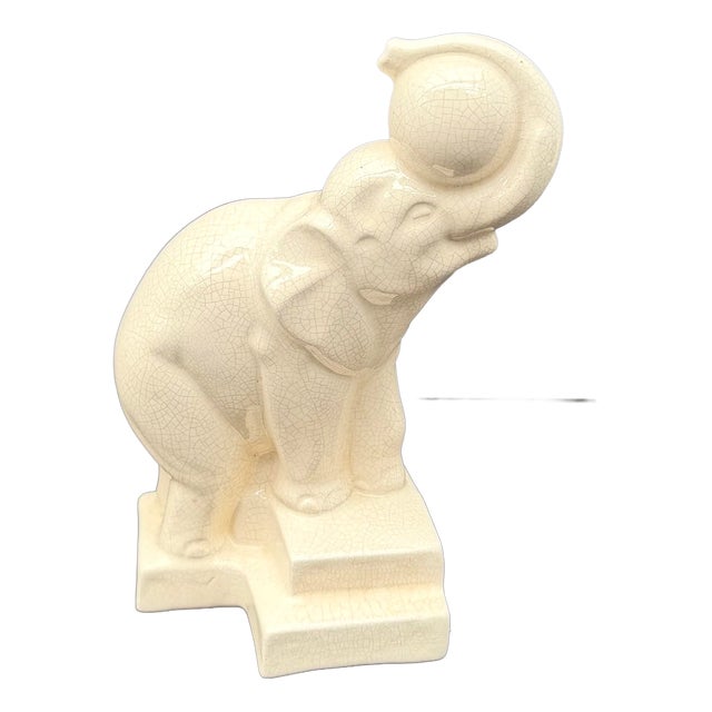 Art Deco Elephant with Balloon in Glazed and Crackled Earthenware by Duquenne for Longwy, 1930s For Sale