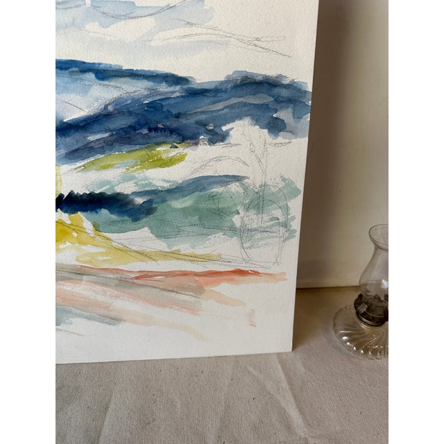 1970s Vintage Landscape Watercolor Painting of Trees and Mountains For Sale - Image 5 of 10