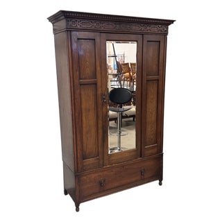 Ray & Miles Carved Oak Mirrored Wardrobe, Antique For Sale