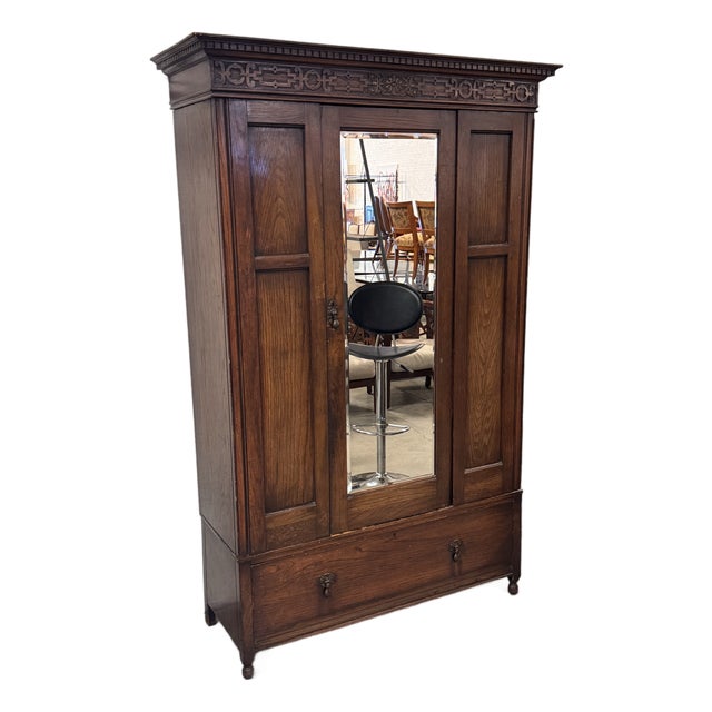 Ray & Miles Carved Oak Mirrored Wardrobe, Antique For Sale