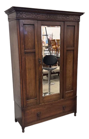 Ray & Miles Carved Oak Mirrored Wardrobe, Antique