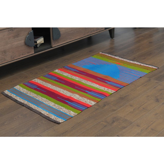 Art Deco 1970s Vintage Turkish Oushak Handmade Wool Cotton Blue Runner Rug For Sale - Image 3 of 11