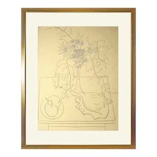 Vintage Mid Century Modernist Floral Still Life Drawing With Conch Shell and Skull by Achillo Sullo C. 1950s For Sale