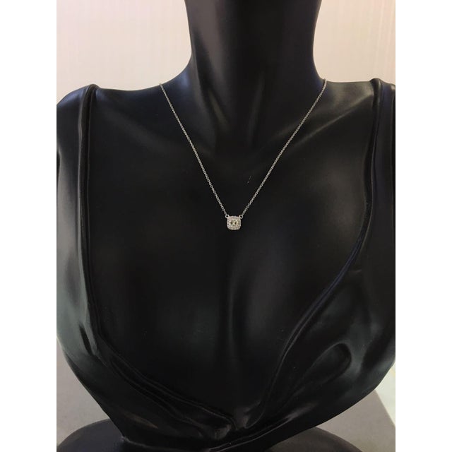 Classic Halo Pave Set Cushion Shape Cut Diamond Dainty Chain 18 Karat White Gold For Sale In Washington DC - Image 6 of 9