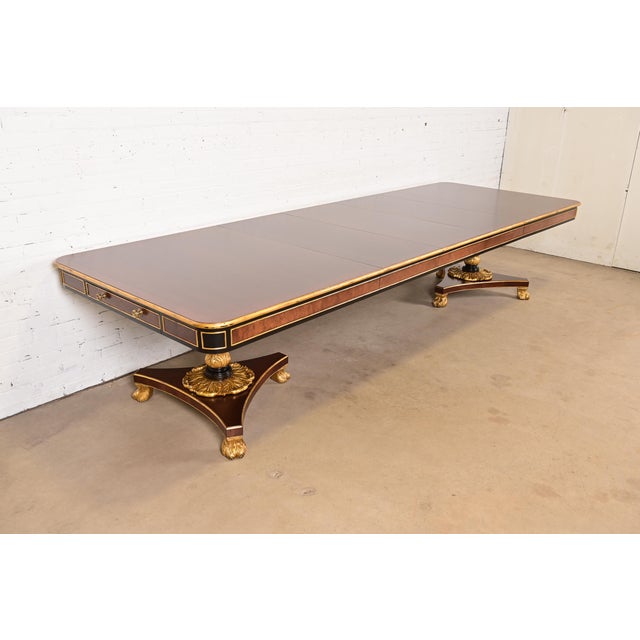 Baker Furniture Company Baker Furniture Stately Homes Collection Mahogany, Burl Wood, and Parcel-Gilt Double Pedestal Extension Dining Table, Newly Restored For Sale - Image 4 of 18