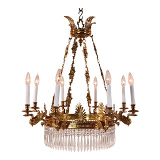 French Neoclassical Brass and Crystal Swan Chandelier For Sale