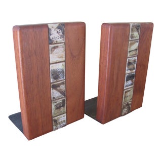 Jane & Gordon Martz for Marshall Studio Walnut and Tile Bookends - a Pair For Sale