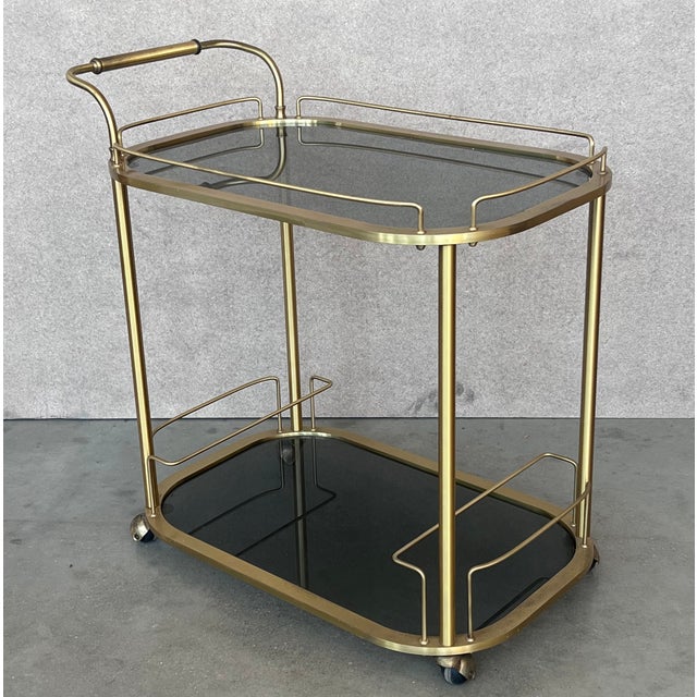 Art Deco Brass Dry Bar Cart With Smoked Two Tier Glass For Sale - Image 4 of 12