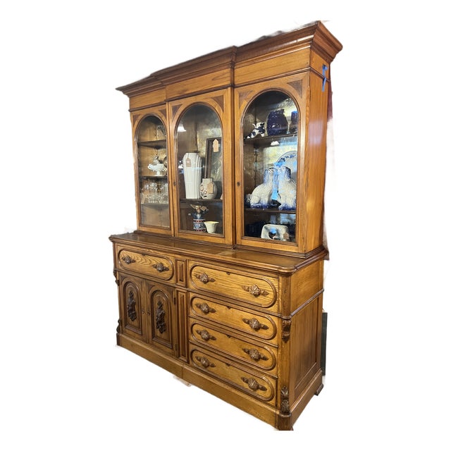 1920s American Jacobean Revival Oak Secretary China Cabinet Hutch With Hidden Prohibition Compartmen For Sale
