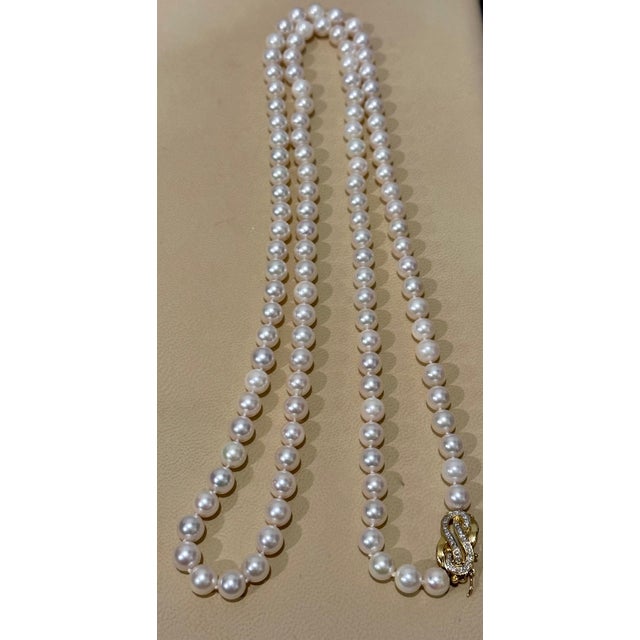 White Vintage Cultured Akoya Pearl Strand Necklace Opera Length with Diamond Clasp For Sale - Image 8 of 18
