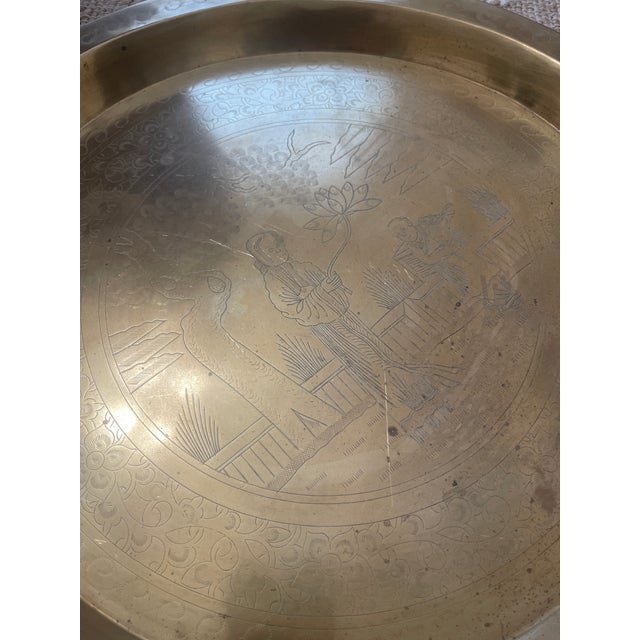 Chinese Vintage Chinese Etched Brass Tray 17” For Sale - Image 3 of 11