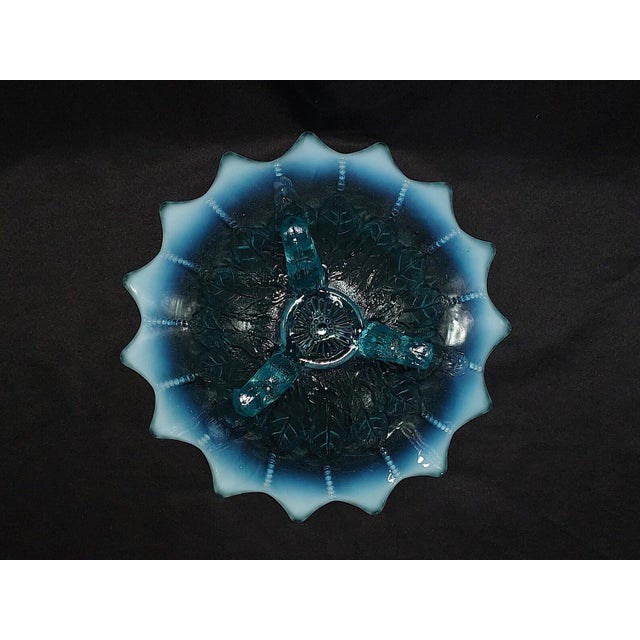 Traditional 1905 Edwardian Northwood Leaf and Beads Blue Opalescent 7 Inch 3 Footed Bowl For Sale - Image 3 of 8