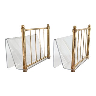 1970s Lucite and Brass Magazine, File Holder Holders - A Pair For Sale
