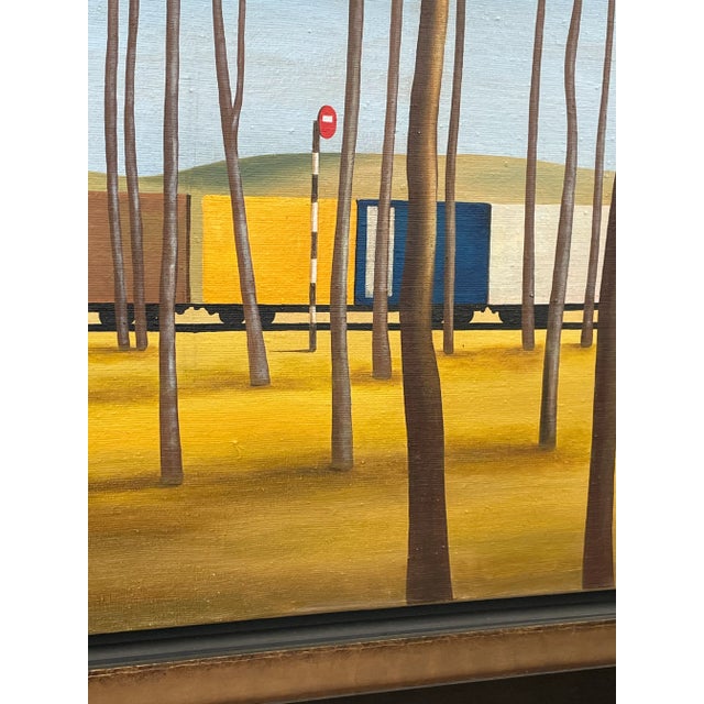 Wood Contemporary Train and Landscape Painting In the Style of Jeffrey Smart, Framed For Sale - Image 7 of 10