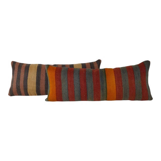 Striped Black Oversize Turkish Bedding Kilim Pillow Cover - A Pair For Sale