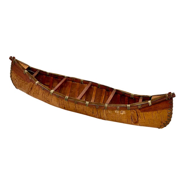 Vintage Very Nicely Completely Hand Made Northeastern Maine Indian Style Birch Bark Canoe Model - Replica - 23 Inches Long For Sale