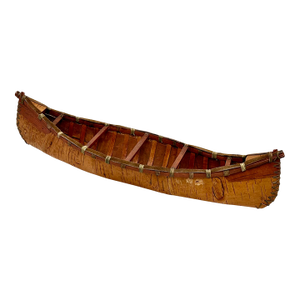 Vintage Very Nicely Completely Hand Made Northeastern Maine Indian Style Birch Bark Canoe Model - Replica - 23 Inches Long