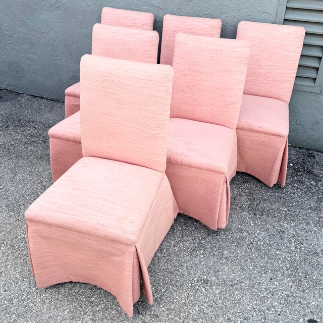 This set of six postmodern Parsons dining chairs brings soft pink color and tailored elegance to the table. Tall...