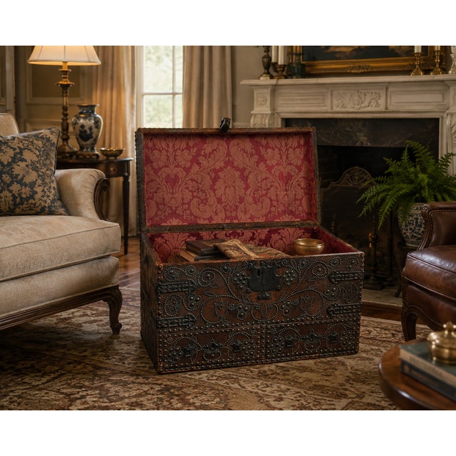 Charles II Wrought-Iron Mounted Brass-Studded Leather Coffer Trunk With Drawers For Sale In Los Angeles - Image 6 of 12
