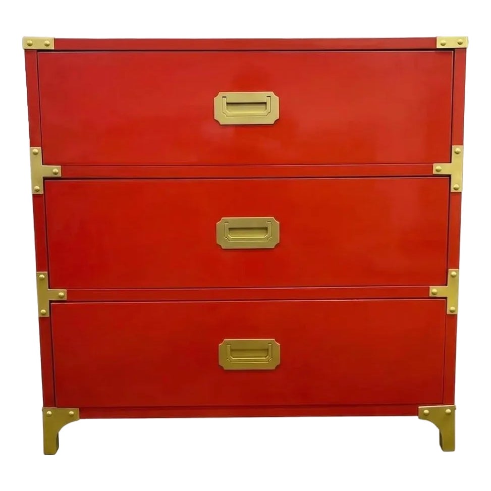 Red Campaign Style Three Drawer Chest With Brass Hardware. | Chairish