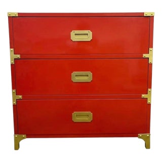 Red Campaign Style Three Drawer Chest With Brass Hardware. For Sale