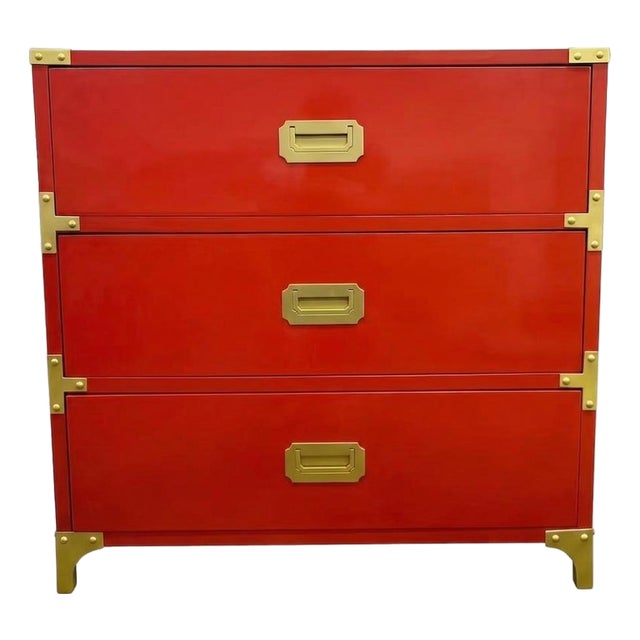 Red Campaign Style Three Drawer Chest With Brass Hardware. For Sale