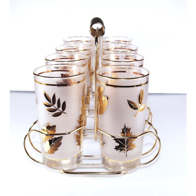 Mid-Century Modern Vintage 1960s Fred Press Black Gold Highball Glasses in Brass Cart- 8 Pieces For Sale - Image 3 of 5