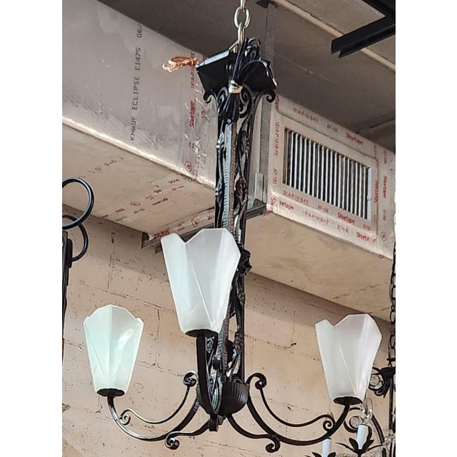 French Art Deco, 3 lights newly rewired chandelier with 3 glass frosted globes. Excellent condition — This lights has no...