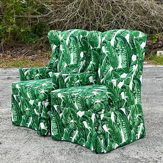 Early 21st Century Vintage Coastal Palm Frond Skirted Wingback Chairs - a Pair For Sale - Image 5 of 12