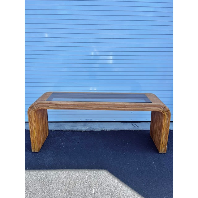Spilt Reed Waterfall Console Table With Smoked Glass Inset | Hollywood Regency and Mid Century Modern in the Style of Gabriela Crespi For Sale - Image 9 of 12