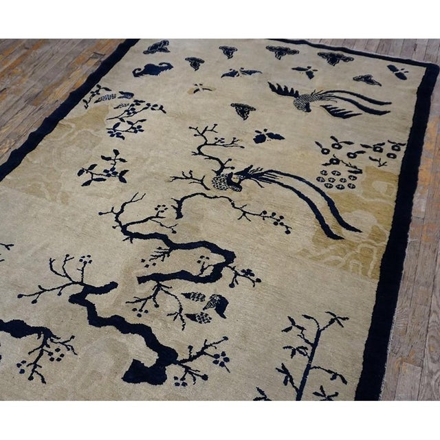 1920s Ivory Scenic Bird of Paradise Antique Chinese Bat Cloud Band Peking Rug For Sale - Image 10 of 11