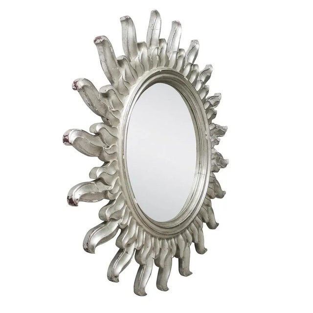 French sun form mirror, carved by polychrome hand finished in a silver bath.