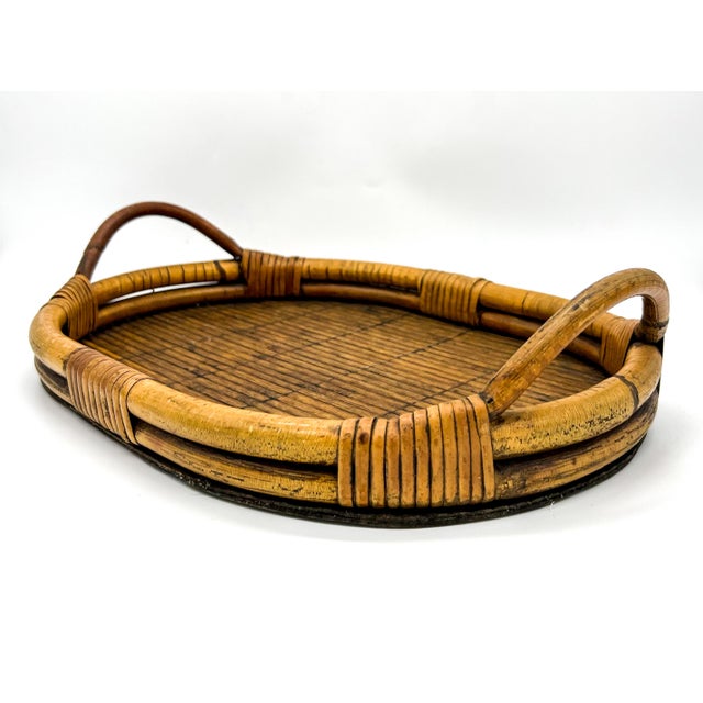 Arthur Umanoff Mid Century Boho Woven Rattan & Bamboo Tray With Handles For Sale - Image 4 of 10