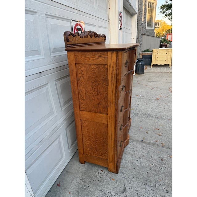 Antique Victorian Oak Serpentine Front Five-Drawer Highboy Dresser With Ornate Carved Crest For Sale - Image 4 of 12