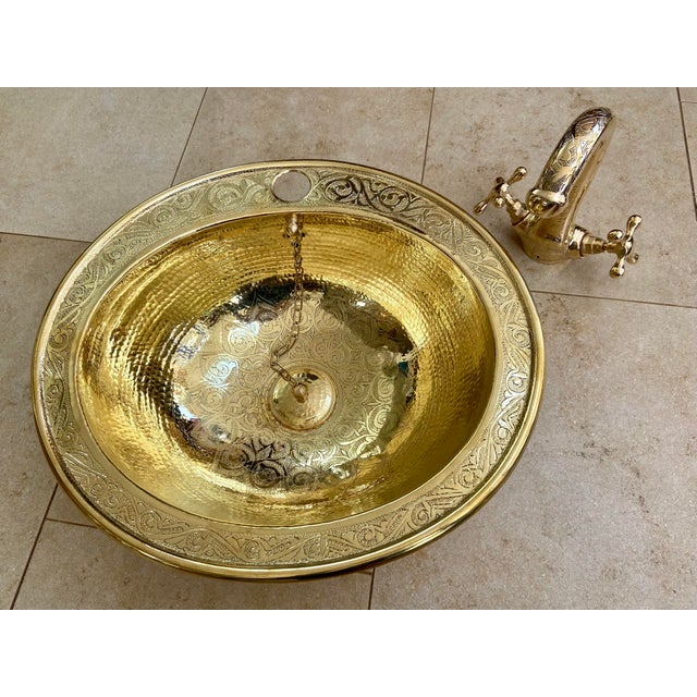 Moroccan Engraved Moroccan Brass Sink Basin & Faucet Bathroom Set - 2 Pieces For Sale - Image 3 of 8