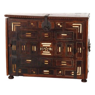 17thC Mahogany Spanish Vargueno With Bone Inlay & Wrought Iron Hardware C1670 For Sale