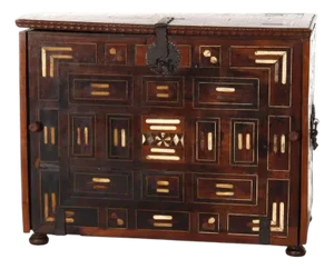 17thC Mahogany Spanish Vargueno With Bone Inlay & Wrought Iron Hardware C1670
