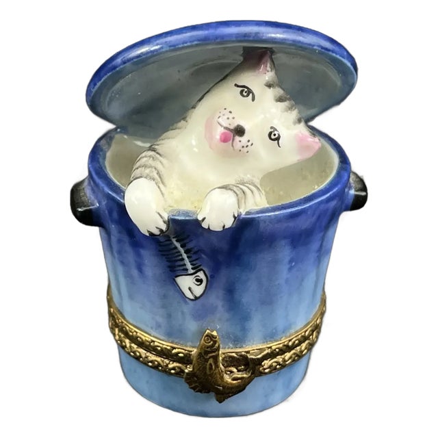 Limoges Peint Main Cat in Trash Can Figural Box - Hand Painted in France For Sale