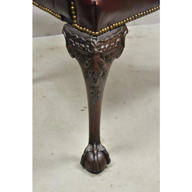 Antique Chippendale Georgian Carved Mahogany Ball and Claw Leather Arm Chair For Sale - Image 10 of 12