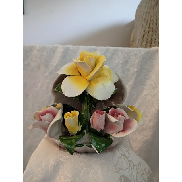 Vintage Mid-20th Century Italian Capodimonte Porcelain Pink & Yellow Roses Clam Shell Centerpiece Figurine For Sale - Image 4 of 8