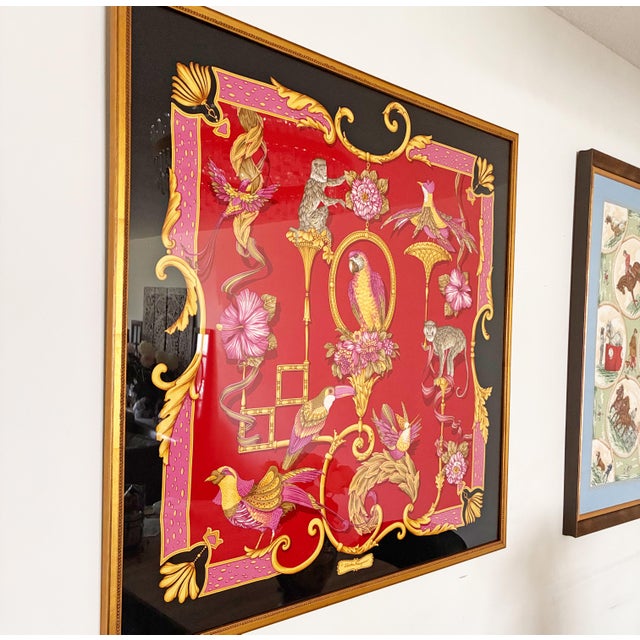 Chippendale Framed Salvatore Ferragamo Silk Scarf, Exotic Birds & Monkeys Maximalist Wall Art, Luxury Italian Fashion Decor, 37x37 Statement Home Decor For Sale - Image 3 of 6